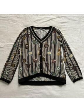 Axes Femme Striped Bow Charm Print Button Detail Top Size M Japan